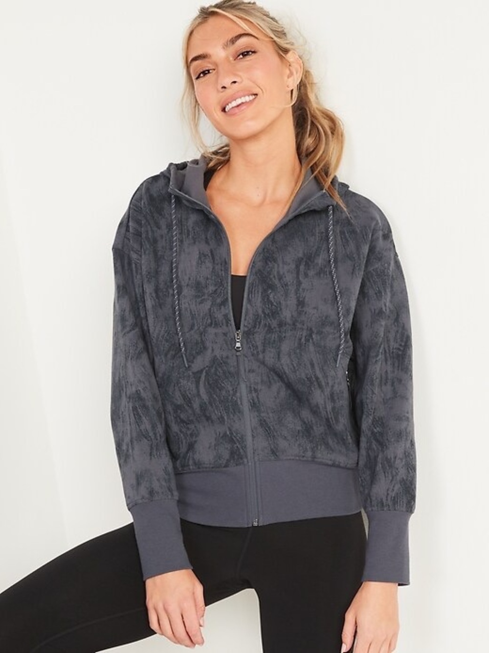 Old Navy Active Marbled Gray Dynamic Fleece Full Zip Hooded Sweater size medium